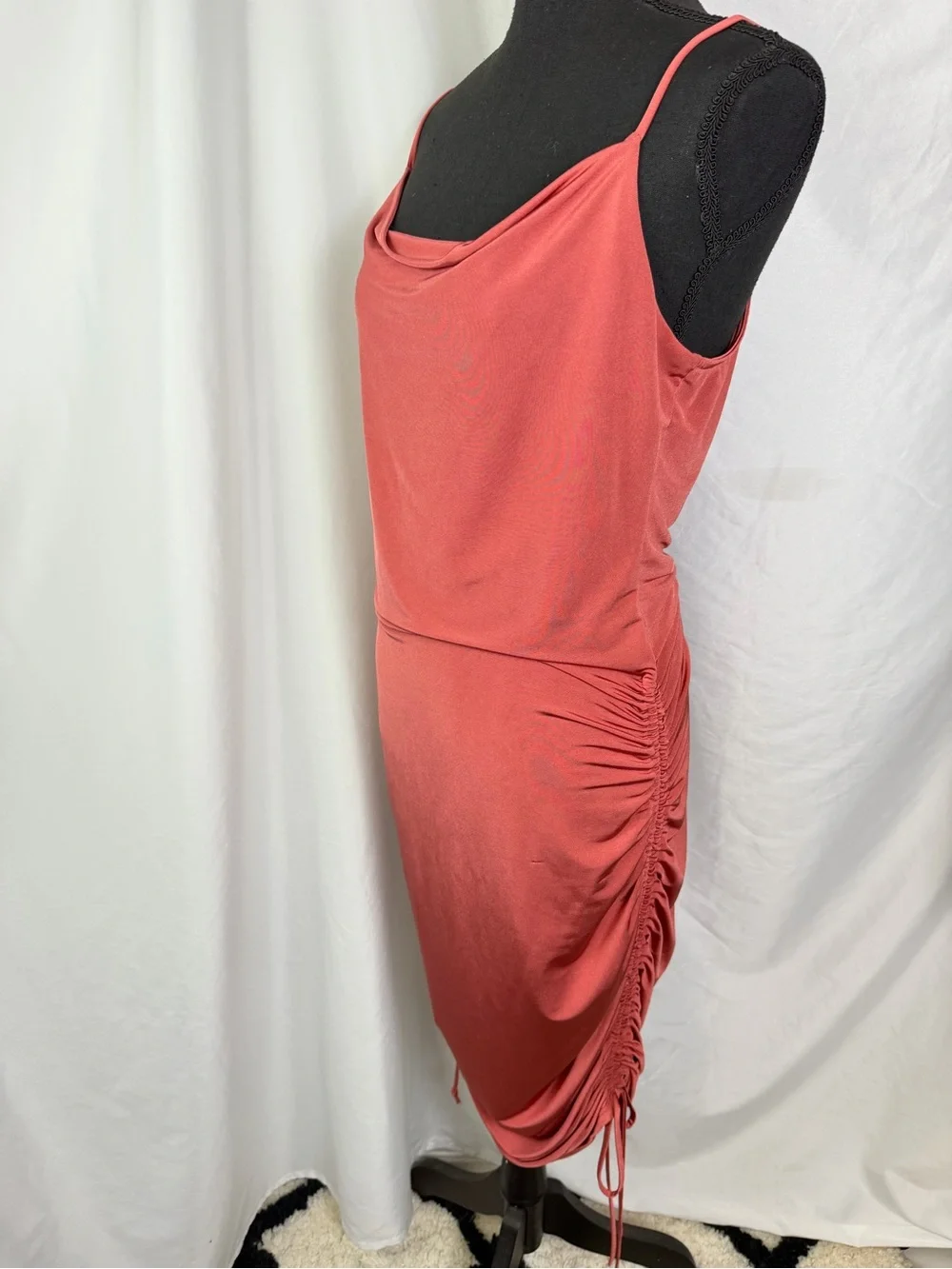 Open Edit Ruched Cowl Neck Midi Dress Coral Pink Bodycon Slip Dress M